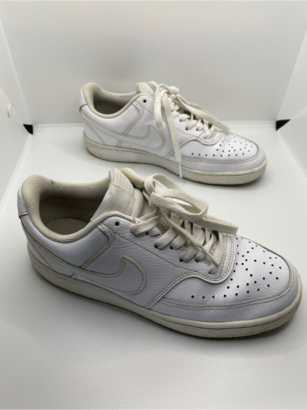 Nike Court Vision Low Sneakers 7.5 Triple White Leather Perforated Clean Girly